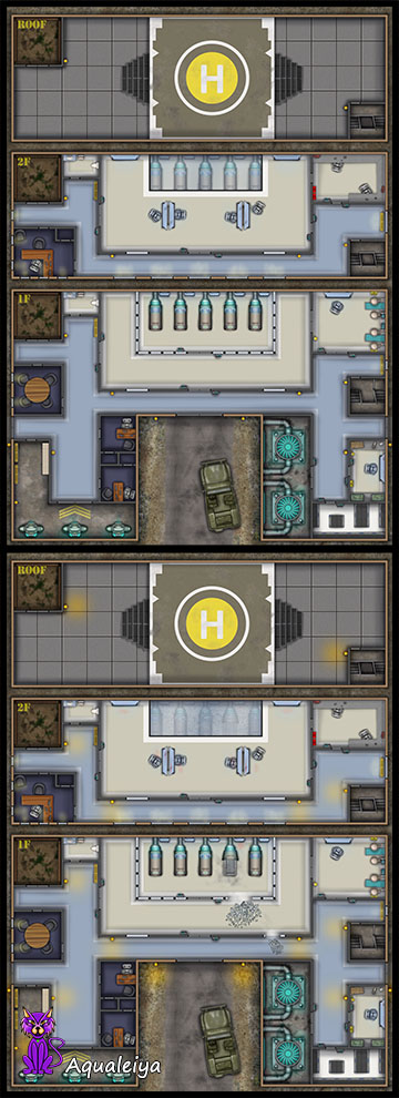 Slideshow image of two versions of the High Tech Research Lab sci-fi modern battlemap